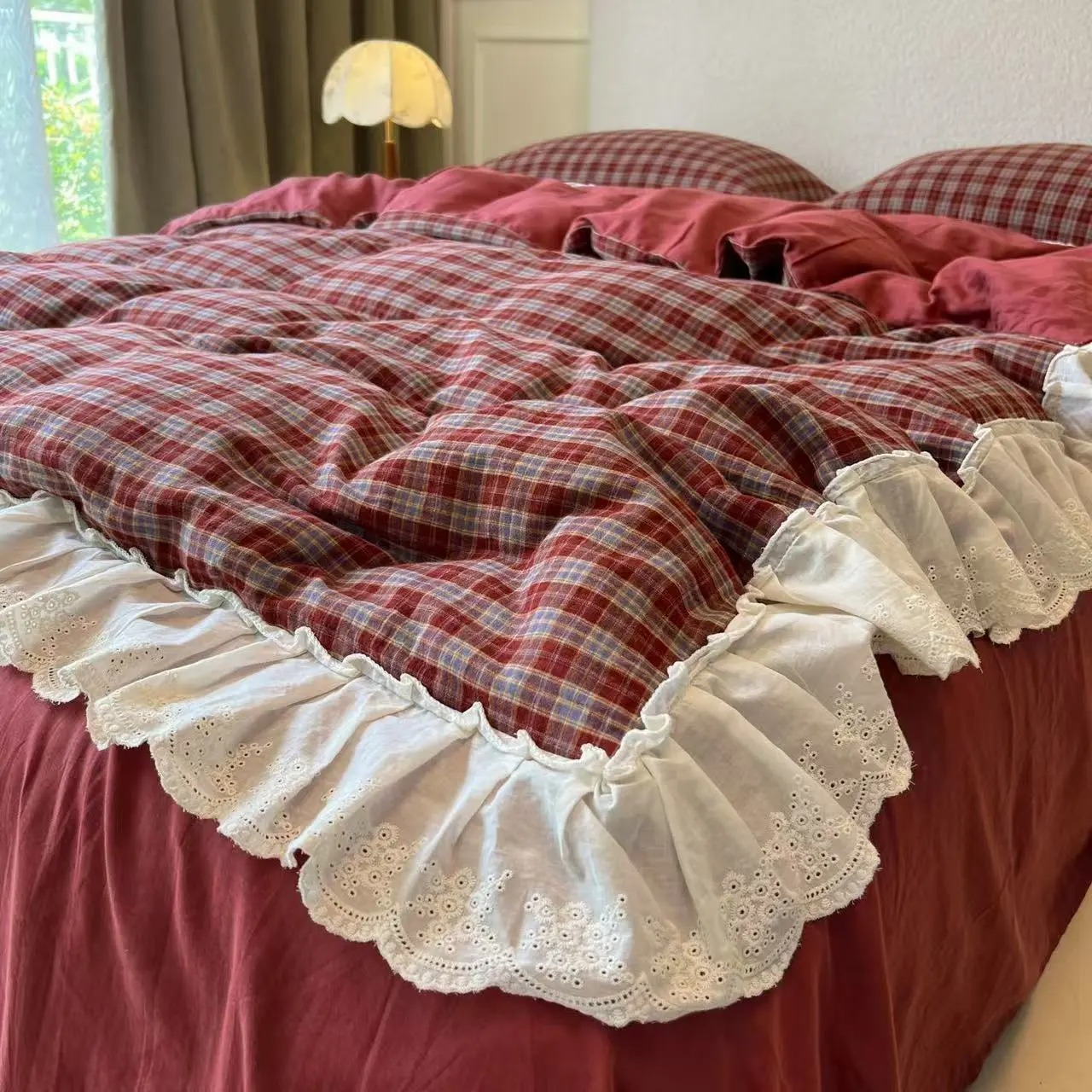 Korean-Style Red Plaid Washed  - огляд і ціна Vintage Home Textiles
